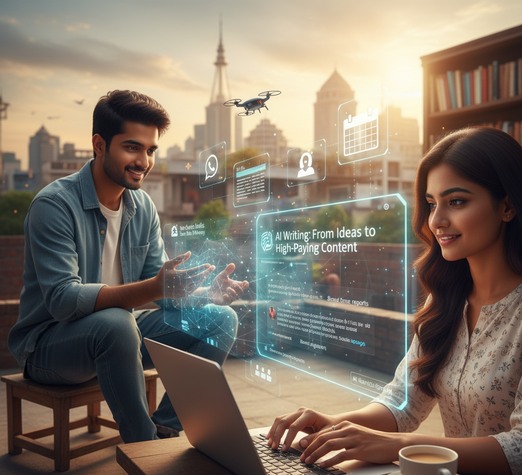 A young woman smiling and typing on a laptop on a rooftop, with a man beside her gesturing towards a holographic display titled "AI Writing: From Ideas to High-Paying Content," showing various AI functionalities and icons, set against an urban sunset backdrop with a drone flying above.