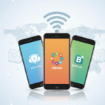 Three smartphones displaying DigiLocker, UMANG, and BHIM app logos, representing essential free govt apps for students in India.