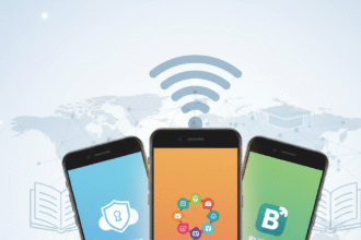 Three smartphones displaying DigiLocker, UMANG, and BHIM app logos, representing essential free govt apps for students in India.