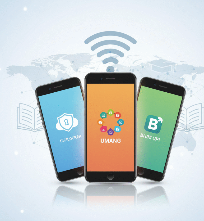 Three smartphones displaying DigiLocker, UMANG, and BHIM app logos, representing essential free govt apps for students in India.