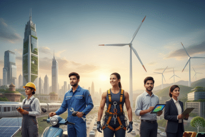A diverse group of five Indian professionals representing green jobs, including a solar technician, an EV specialist with an electric scooter, a wind turbine technician in safety harness, an energy auditor with a tablet, and a sustainability manager with a clipboard, standing against a backdrop of a modern green city, wind turbines, solar panels, and an electric train, with the text Green jobs in india