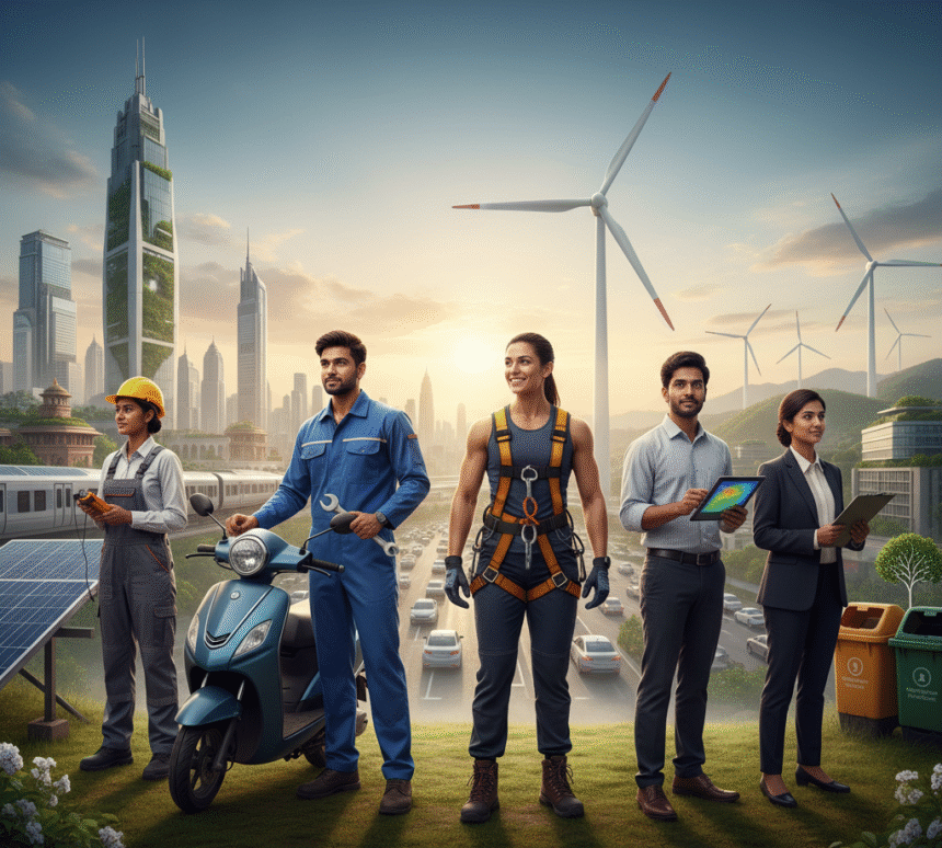 A diverse group of five Indian professionals representing green jobs, including a solar technician, an EV specialist with an electric scooter, a wind turbine technician in safety harness, an energy auditor with a tablet, and a sustainability manager with a clipboard, standing against a backdrop of a modern green city, wind turbines, solar panels, and an electric train, with the text Green jobs in india