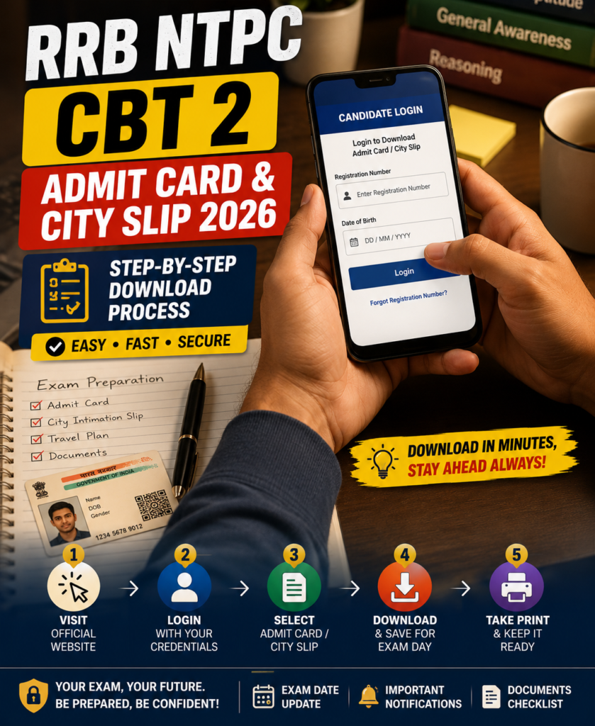 RRB NTPC: step by step RRB NTPC CBT 2 admit card and city slip download process