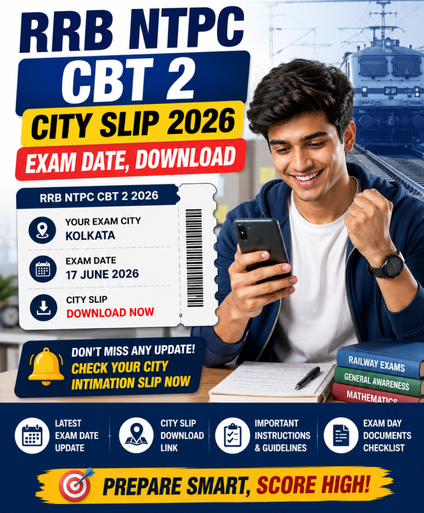 RRB NTPC CBT 2 city intimation slip 2026 download and exam date