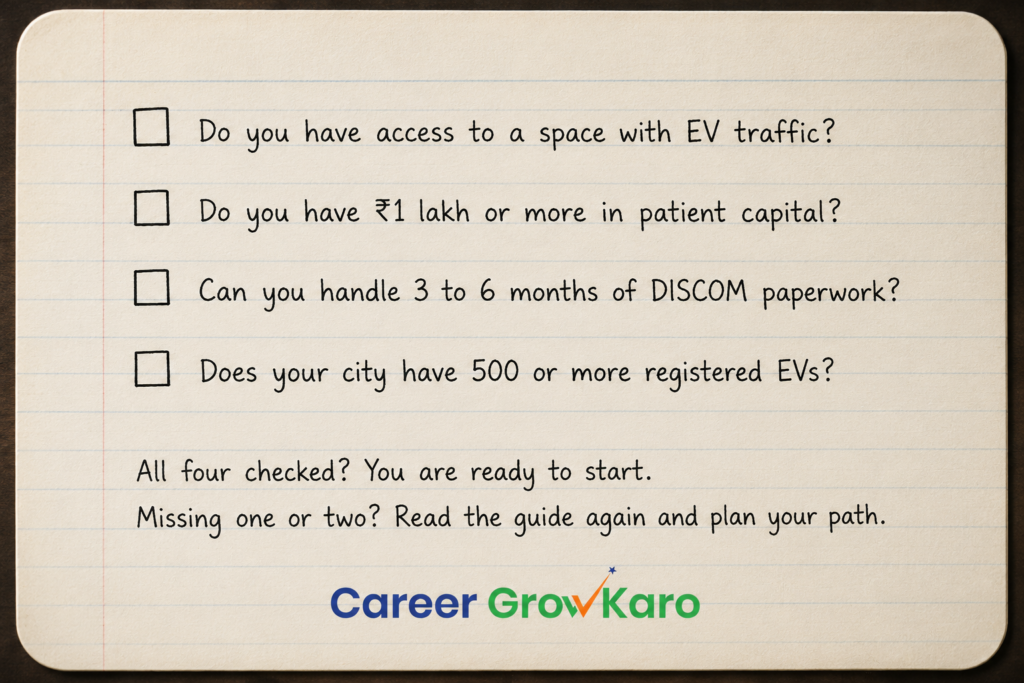 7 Harsh Truths About Starting an EV Charging Station Business in India 8 Self assessment checklist before starting an EV charging station business in India covering location access capital DISCOM readiness and local EV registrations