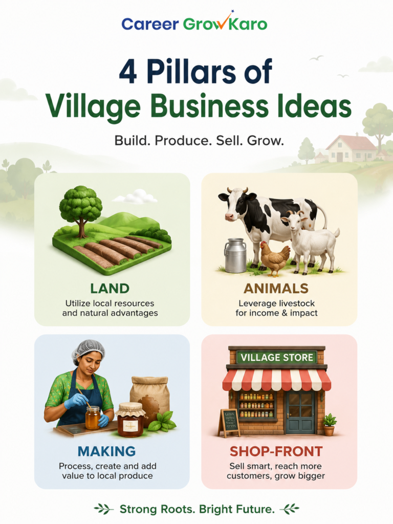 Village Business Ideas 2026: 25 Low-Investment & Modern Options 2 village business ideas grouped by land animals shop in India