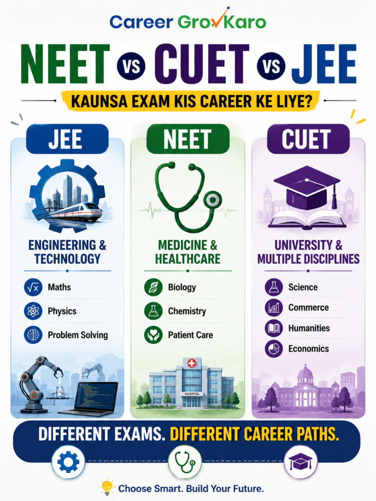 JEEvsNEETvsCUET -  comparison of career paths and subjects